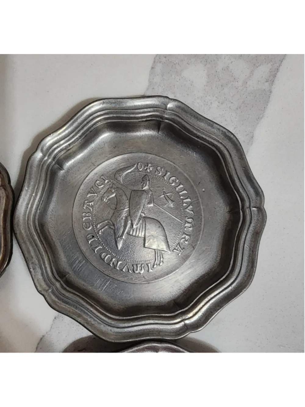 Title: Vintage French Pewter Etain d’Art Heraldic Coasters Small Dishes Set of 4